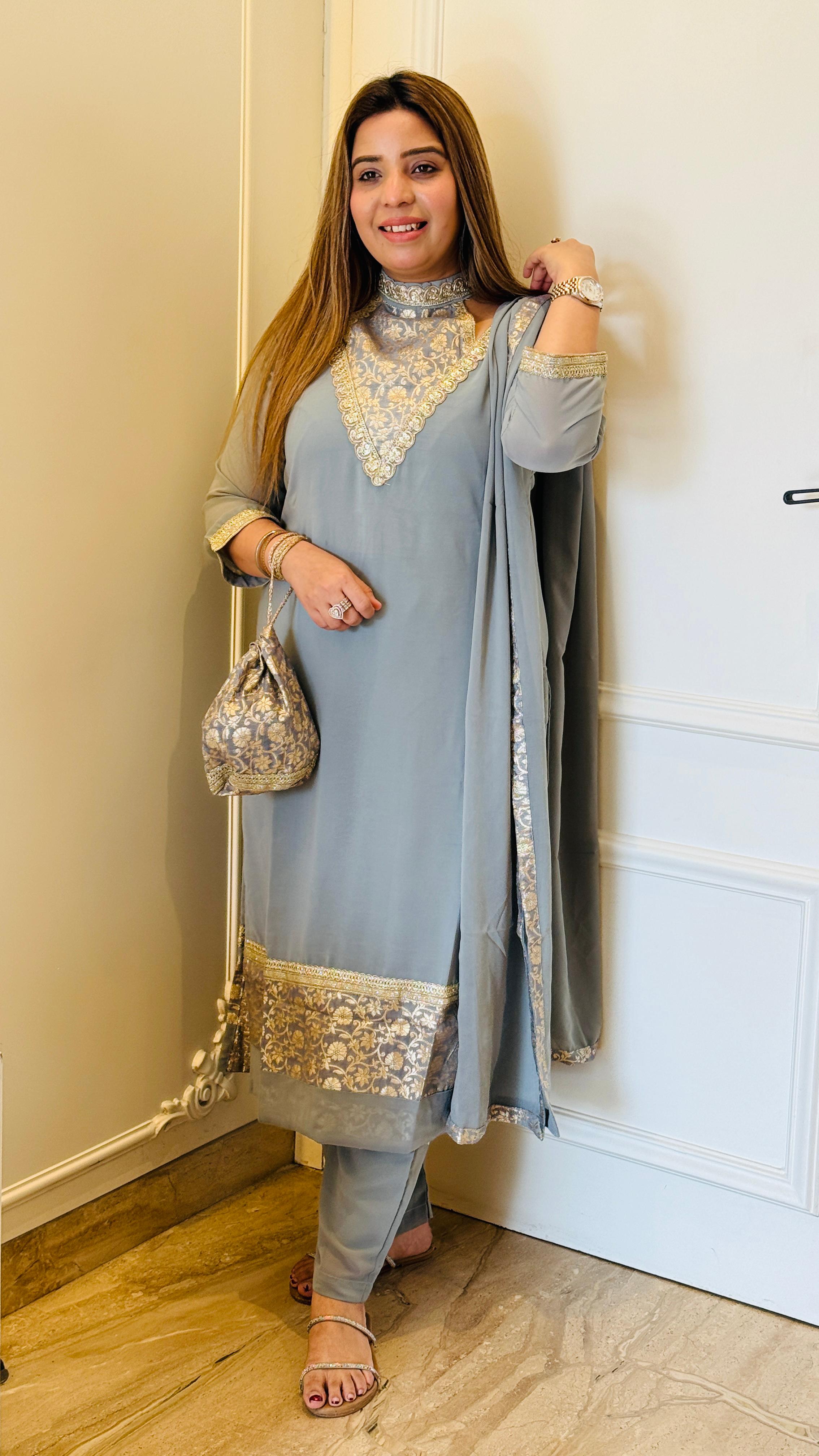 Pink & Gray Aarohi Brocade Suit Set